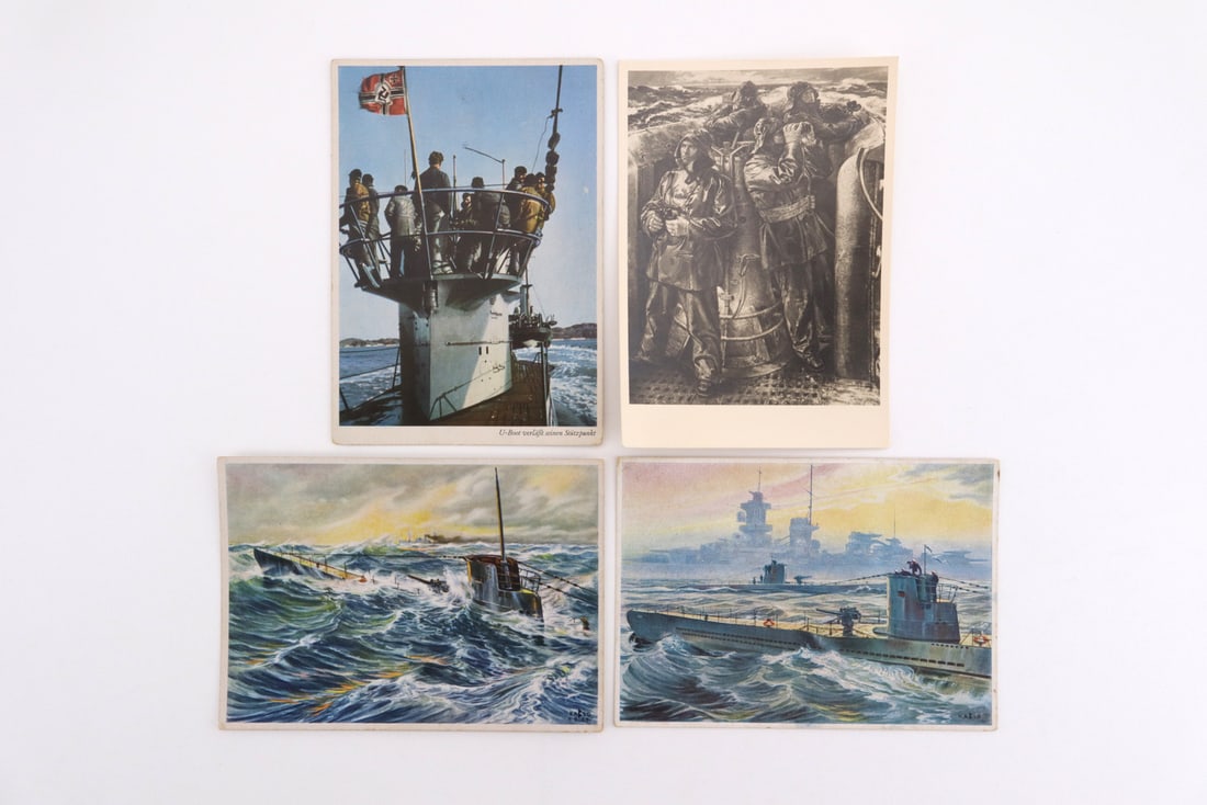 German WWII Kriegsmarine Postcards: Comprising four wartime U-boat postcards featuring two colored marine paintings, one printed photograph and one monochrome artwork, displaying light edge toning, minor corner wear, crisp imagery, clea