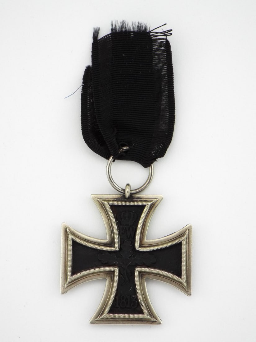 Prussian 1813 IRON CROSS 2nd Class & Ribbon Ring: German 1813 Iron Cross 2nd Class medal features a three piece construction with a black iron core and silver frame. Obverse displays royal crown above initials FW, central oak leaves and foundation da