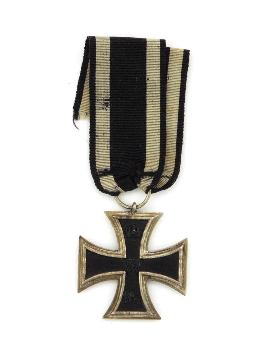 German WWI IRON CROSS 2ND CLASS & Ribbon Ring: Cross medal features three piece construction with a magnetic core set within a beaded silver frame. Obverse displays the central royal cipher, crown top and 1914 date at the base. Reverse features th