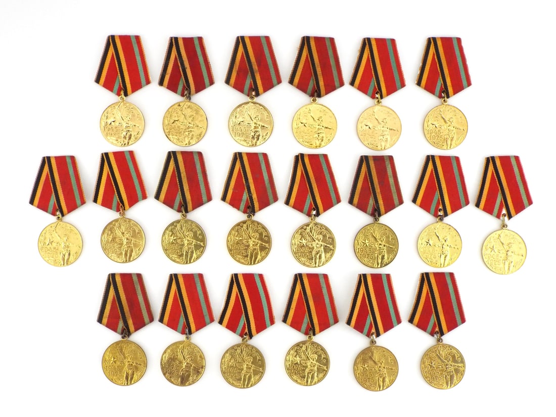 20 Soviet Post WWII Jubilee Medals Thirty Years of Victory Group: Lot of twenty brass planchets showing light surface wear and minor spotting, featuring raised Motherland relief with 1945-1975 dates and reverse inscription translating to To a participant of the war 