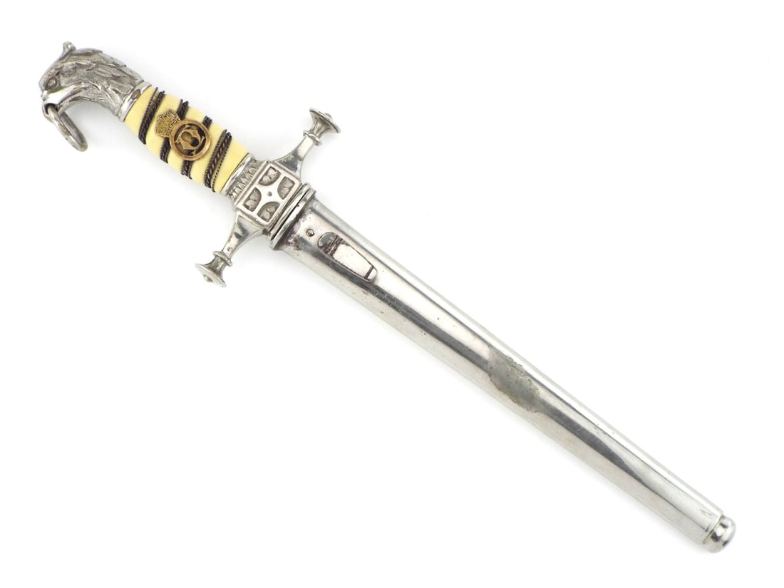 SCARCE Romanian WWII DIPLOMAT Dagger By ALEXANDER COPPEL with Royal Cypher: Double edged steel blade shows light surface wear with crisp frosted floral etching bearing the King Carol II coat of arms and royal cypher, marked at the ricasso with the Alexander Coppel Solingen