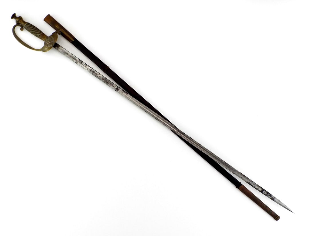 Prussian Early 19th C. Officer Sword Engraved Blade & DOUBLE GUARD: Sword with straight single edged engraved steel blade showing floral and military motifs, surface oxidation and scattered wear throughout, brass hilt with cast eagle guard and wire pattern grip,
