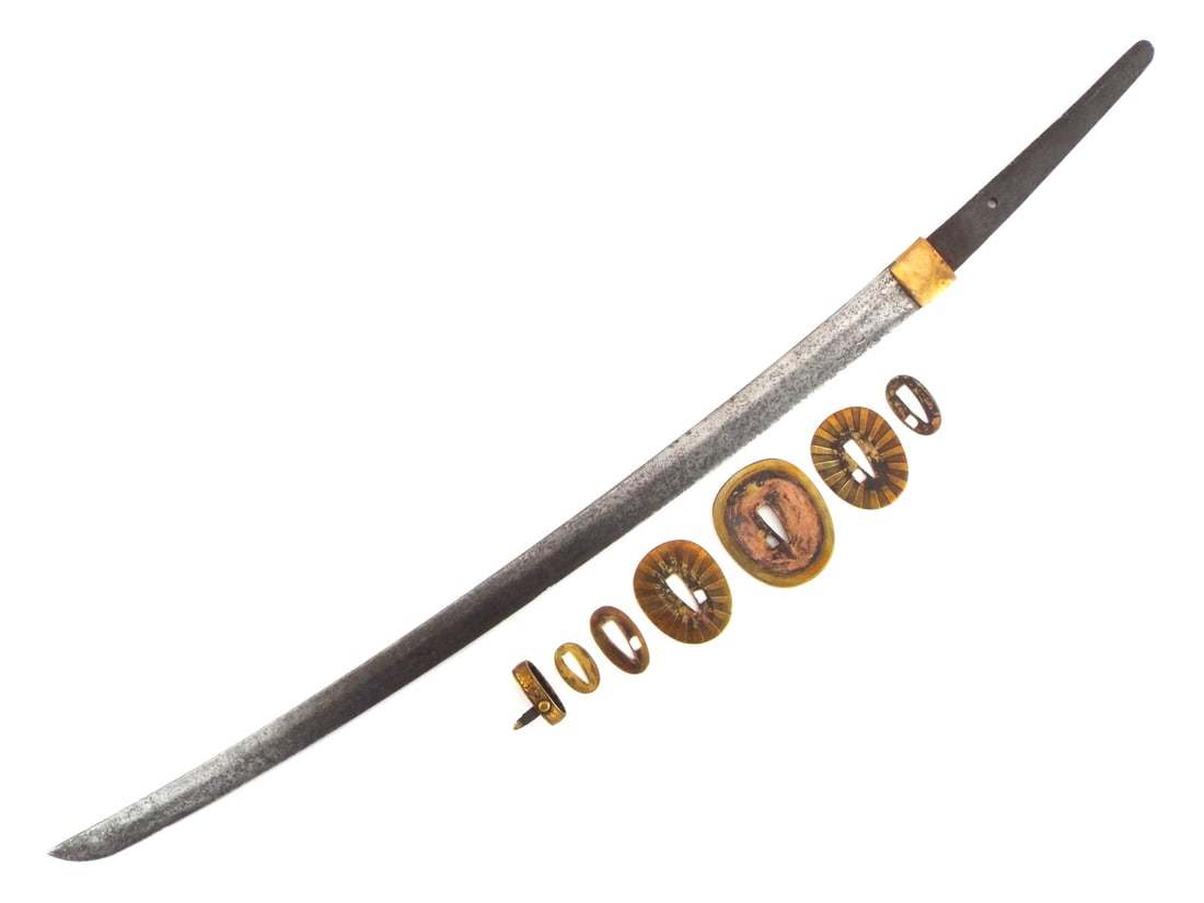 Japanese WWII Imperial Army Officer Sword Brass Mounts Missing Hilt: Curved blade exhibits uniform dark surface graying and edge wear throughout the exposed steel surface. Unsigned tang retains a single mounting hole alongside a fitted brass collar. Brass handguard and