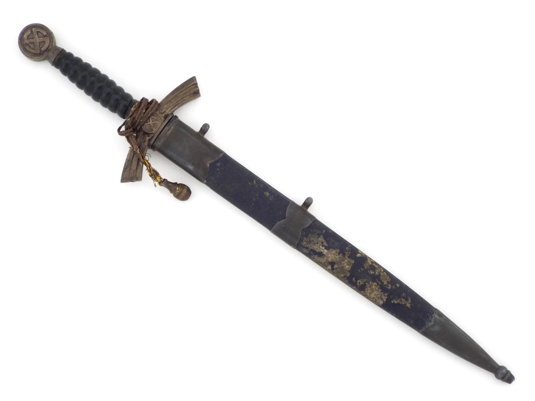 German WWII MINIATURE Luftwaffe Officer Dagger HORSTER SOLINGEN: Nickel double edged blade with a crisp E. & F. HORSTER SOLINGEN maker's mark, a bright finish and negligible oxidation. The hilt is composed of a distinctive sunwheel ensign pommel and downward curved