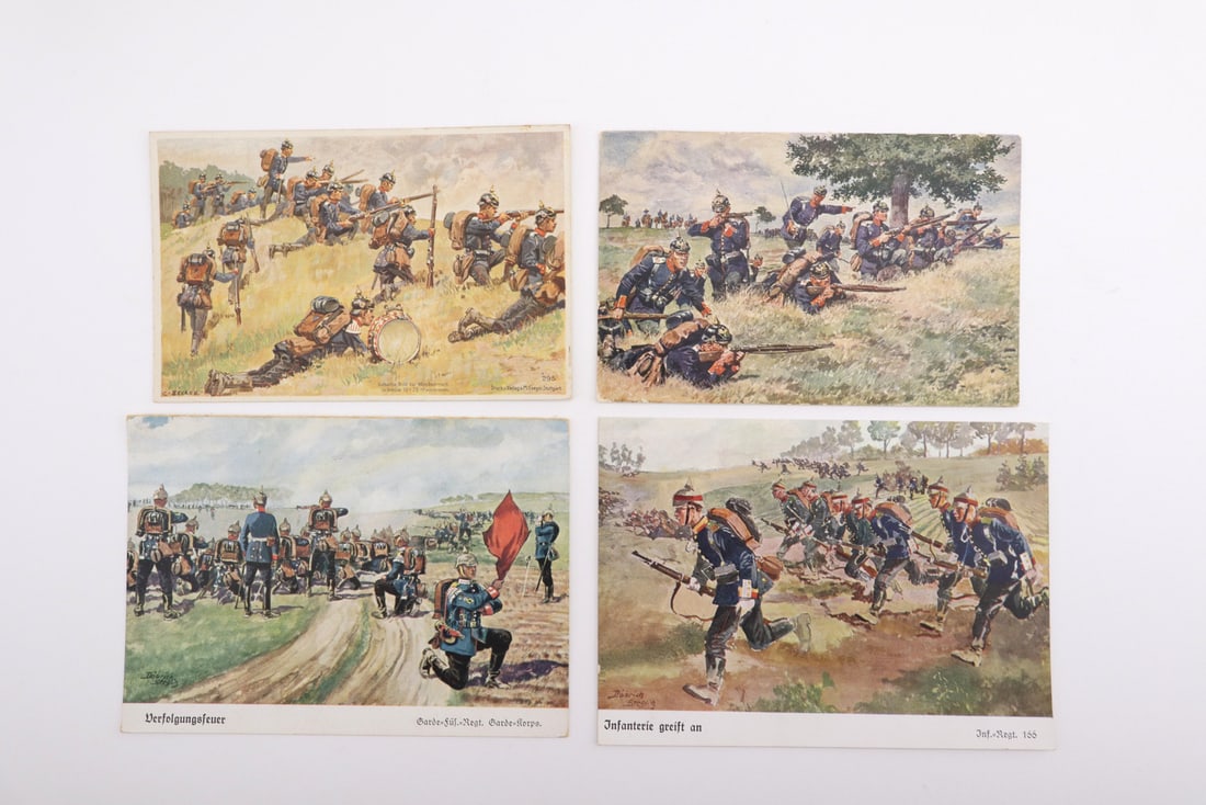 German Imperial WWI Postcards MILITARY TACTICAL ILLUSTRATIONS: Color illustrated postcards depicting German Imperial military infantry and guard corps tactical scenes, including Knotel artwork, two unused by Kyffhauser-Verlag, one with 5 pfennig stamp and cancel 