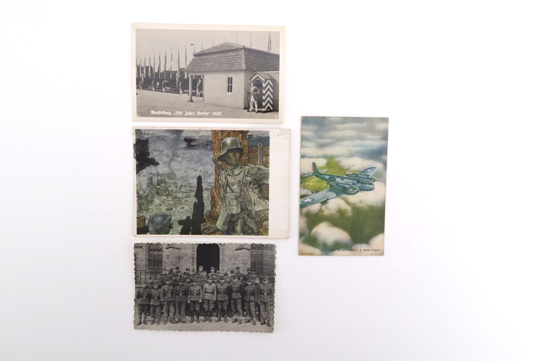 WWII Era Postcard Lot GERMAN & AMERICAN: Diverse four piece collection comprising historical propaganda, military group portrait, pre war aviation artwork and commemorative 1937 Berlin event postal card with period stamp, minor corner wear, 