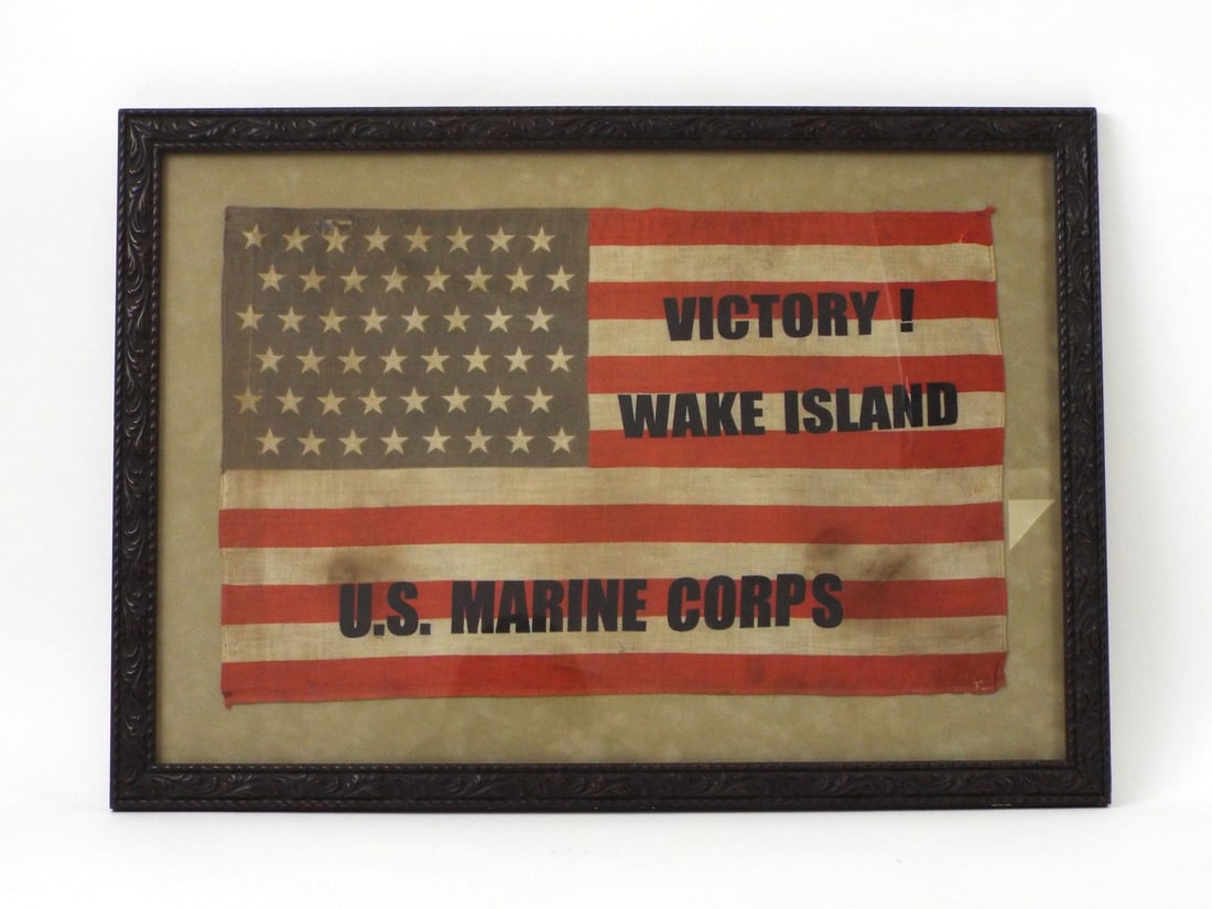 US WWII Victory WAKE ISLAND BATTLE Marine Corps Flag Banner: World War II Home Front patriotic banner features a 48 star American flag design in printed lightweight cotton muslin, stenciled with bold black text reading U.S. MARINE CORPS, WAKE ISLAND and VICTORY