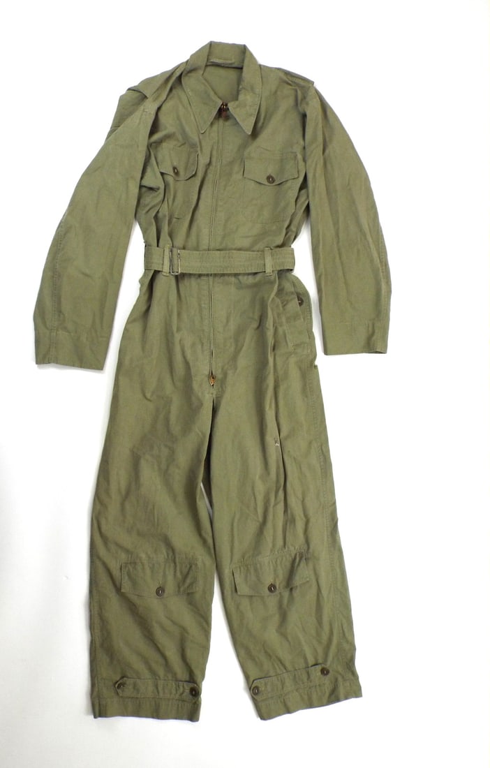US WWII USAAF Summer FLYING SUIT: Single piece olive drab cotton twill construction displays light surface age wear, minor scattered staining and sound overall structural integrity. Collar retains attached black fabric specification l