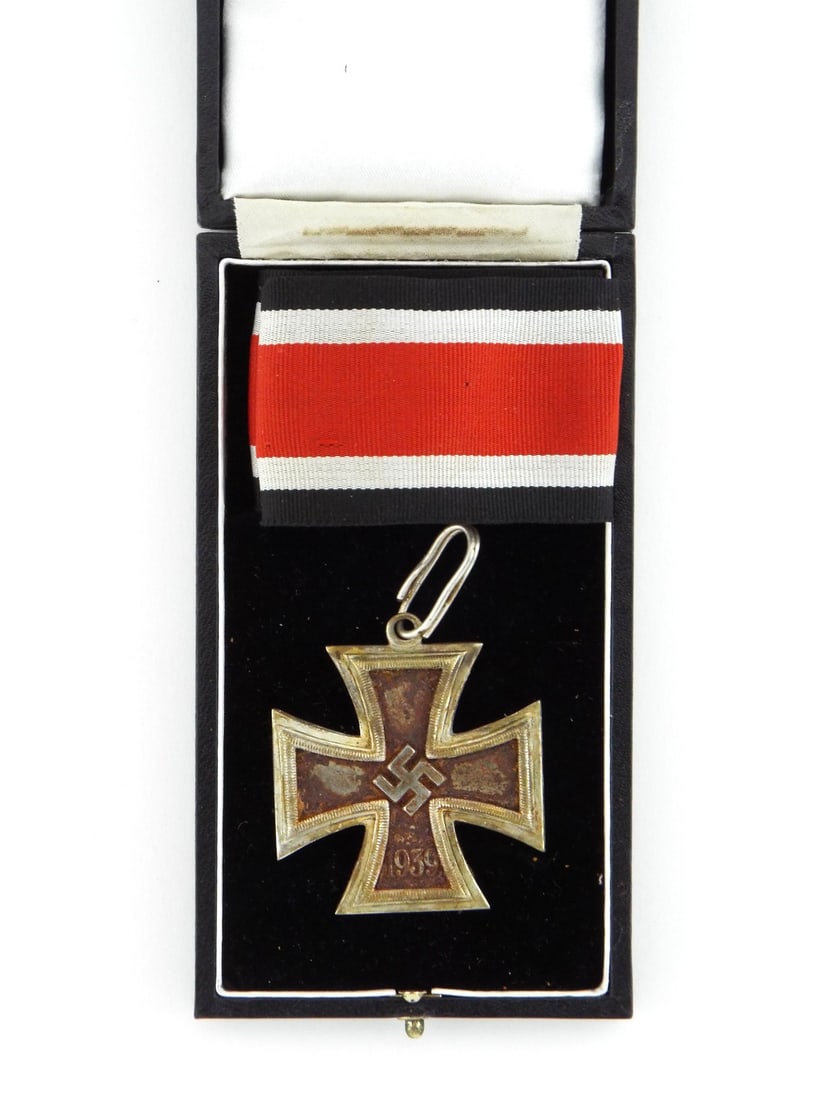 Cased German Post WWII Knight Cross of the Iron Cross 935 SILVER: German post WWII Knight’s Cross medal exhibits a three piece construction featuring a magnetic iron center with flash rust and loss to the factory finish, framed by a silver border displaying a clea