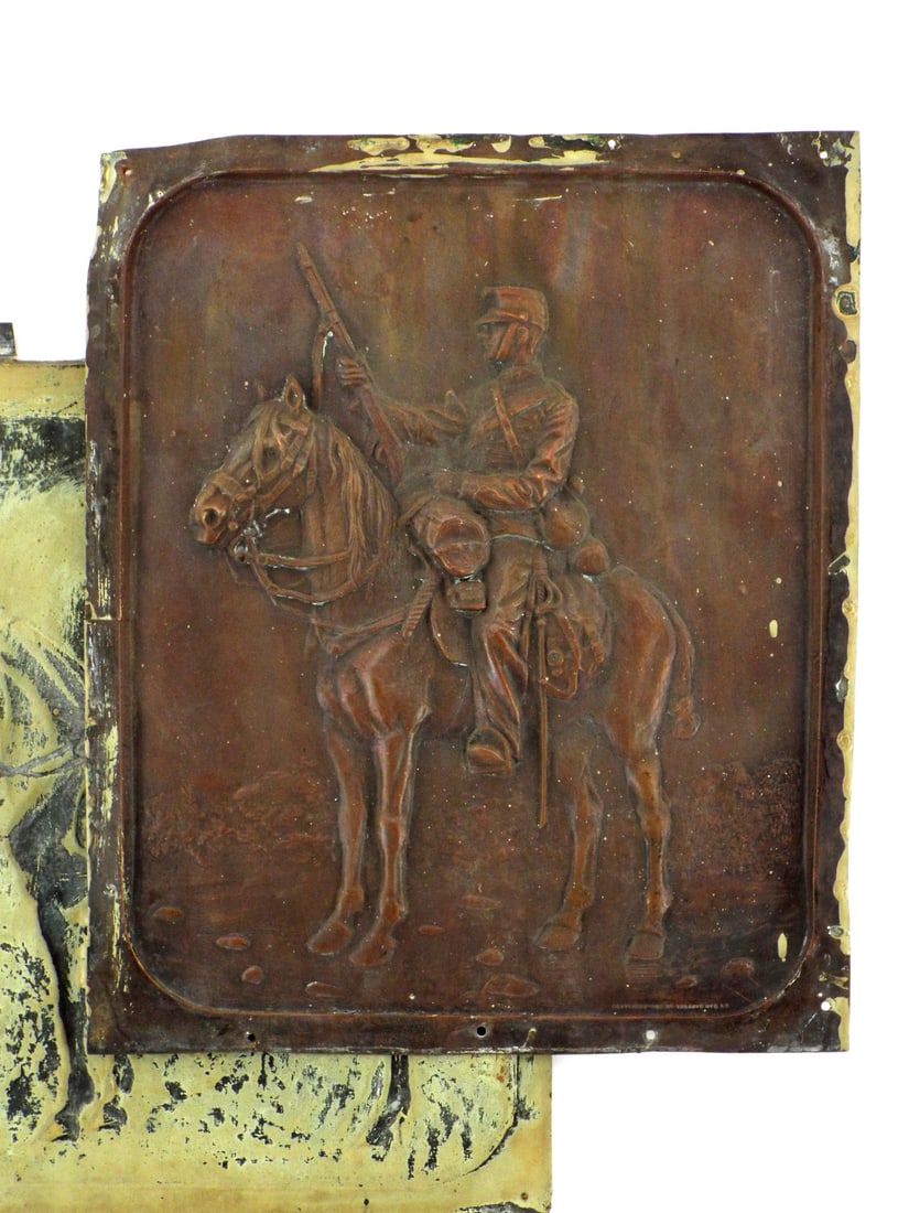 Dramatic 1905 US COPPER PLAQUES Embossed Cavalry Pair - 4
