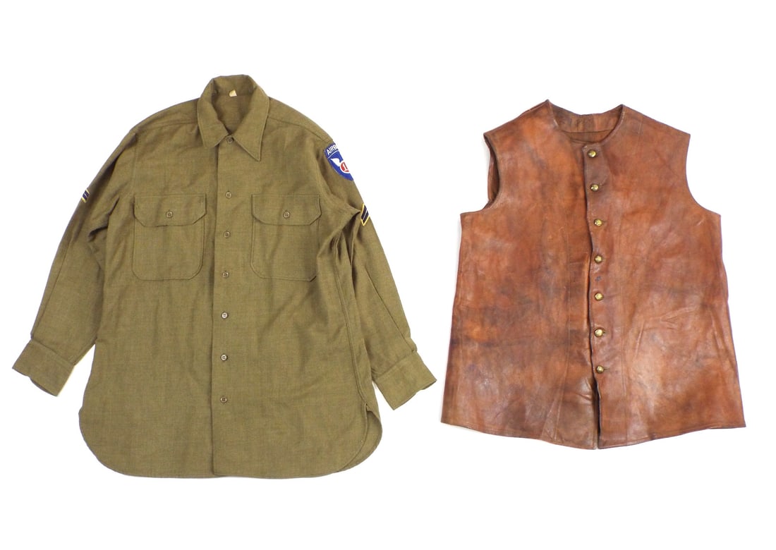 British WWI & US WWII Military Uniform Lot with AIRBORNE PATCHES: British WWI artillery leather jerkin features supple, aged brown hide exhibiting moderate surface scuffing, honest wear and intact stitching alongside a broad arrow inspection mark, brass Royal Artill