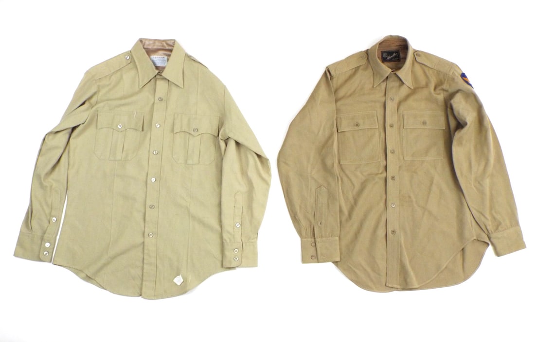 Pair of US WWII USAAF Uniform Shirts & SHOULDER PATCH: Lot of two long sleeve tan khaki service shirts comprising a military issue tailored by Hamilton of Cincinnati featuring an embroidered Army Air Forces shoulder insignia, dual chest pockets and epaule