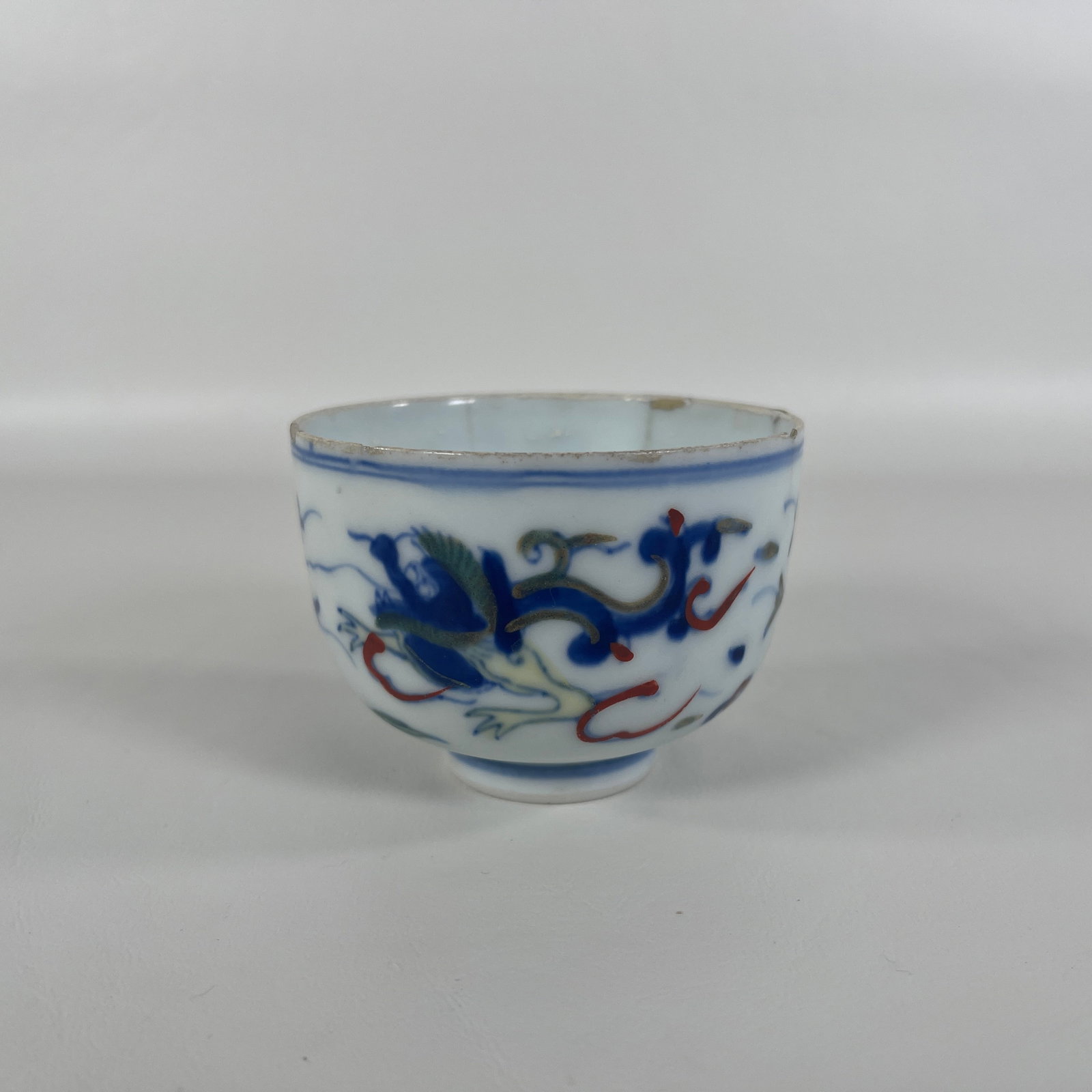 Signed Chinese Porcelain Cup: Measures 3" wide, 2 1/4" tall. Please note, bowl has a few small rim chips and hairlines.