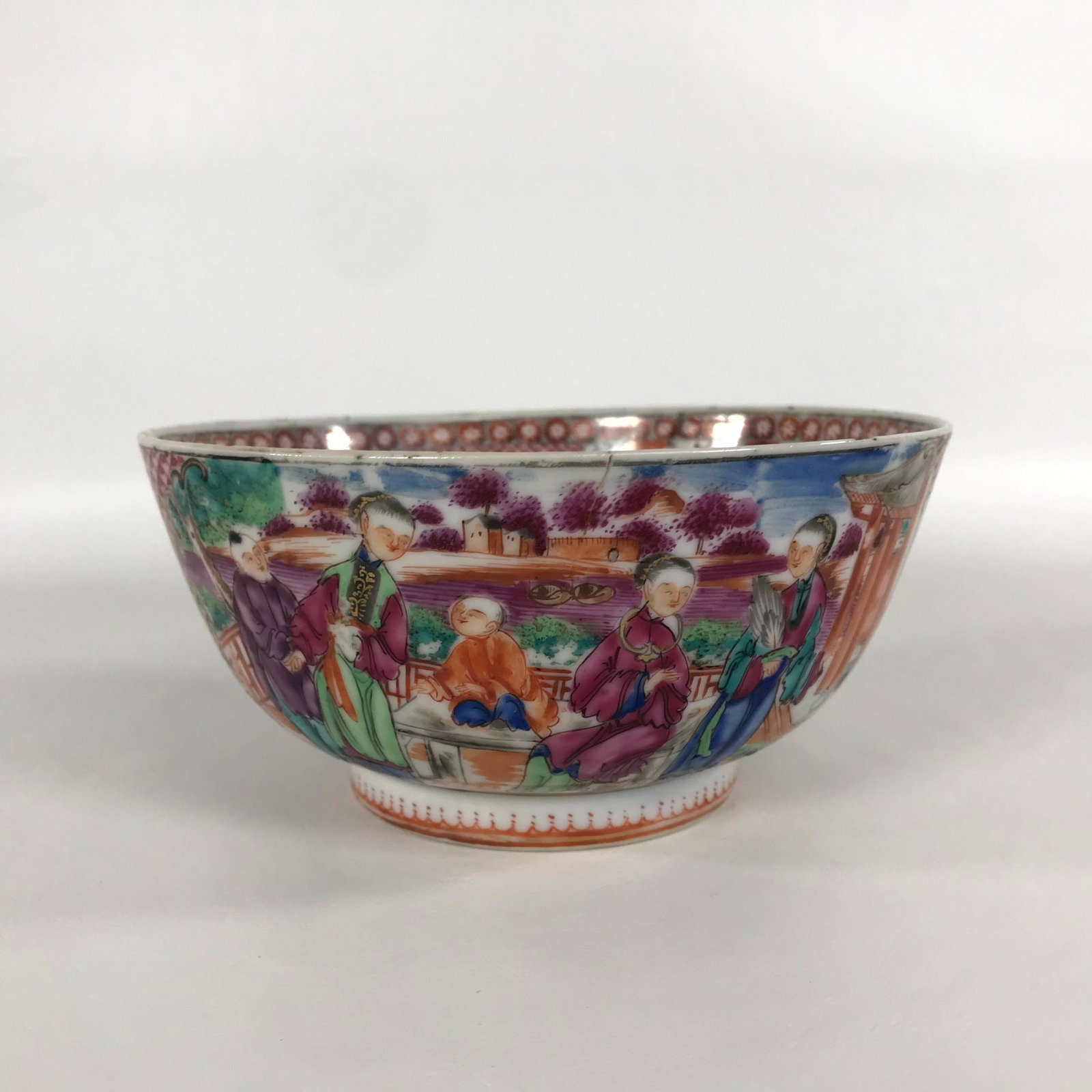 19th Century Rose Mandarin Chinese Porcelain Bowl: Measures 2 5/8" tall, 5 5/8" wide. Please note, bowl has a few chips along the top rim. Small hairline is also notable.