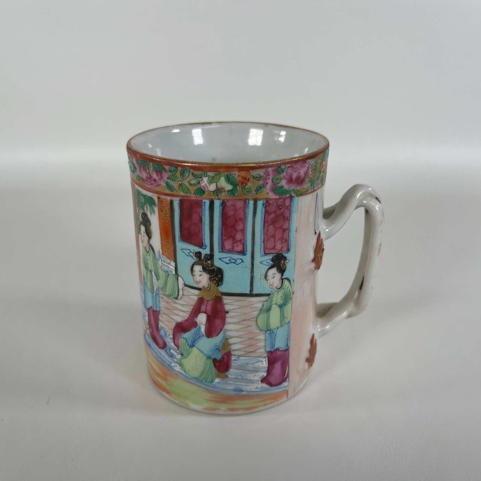 19th Century Rose Mandarin Chinese Porcelain Mug: Measures 3 3/4" tall, 3 3/4" at widest point.