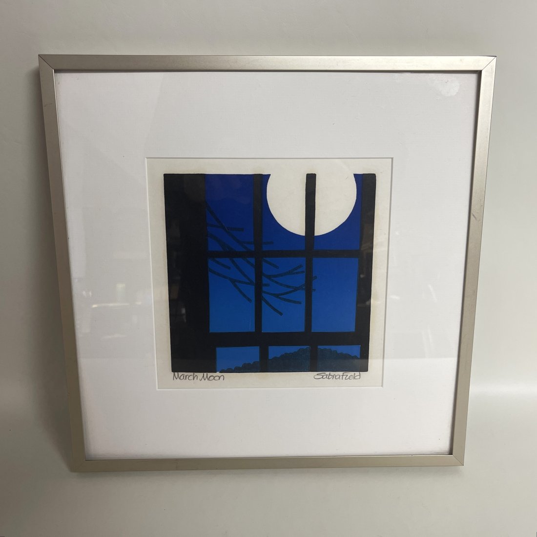 Sabra Field "March Moon": Frame measures 14 1/4" wide, 14 1/4" tall. Print measures 8" wide, 8" tall.