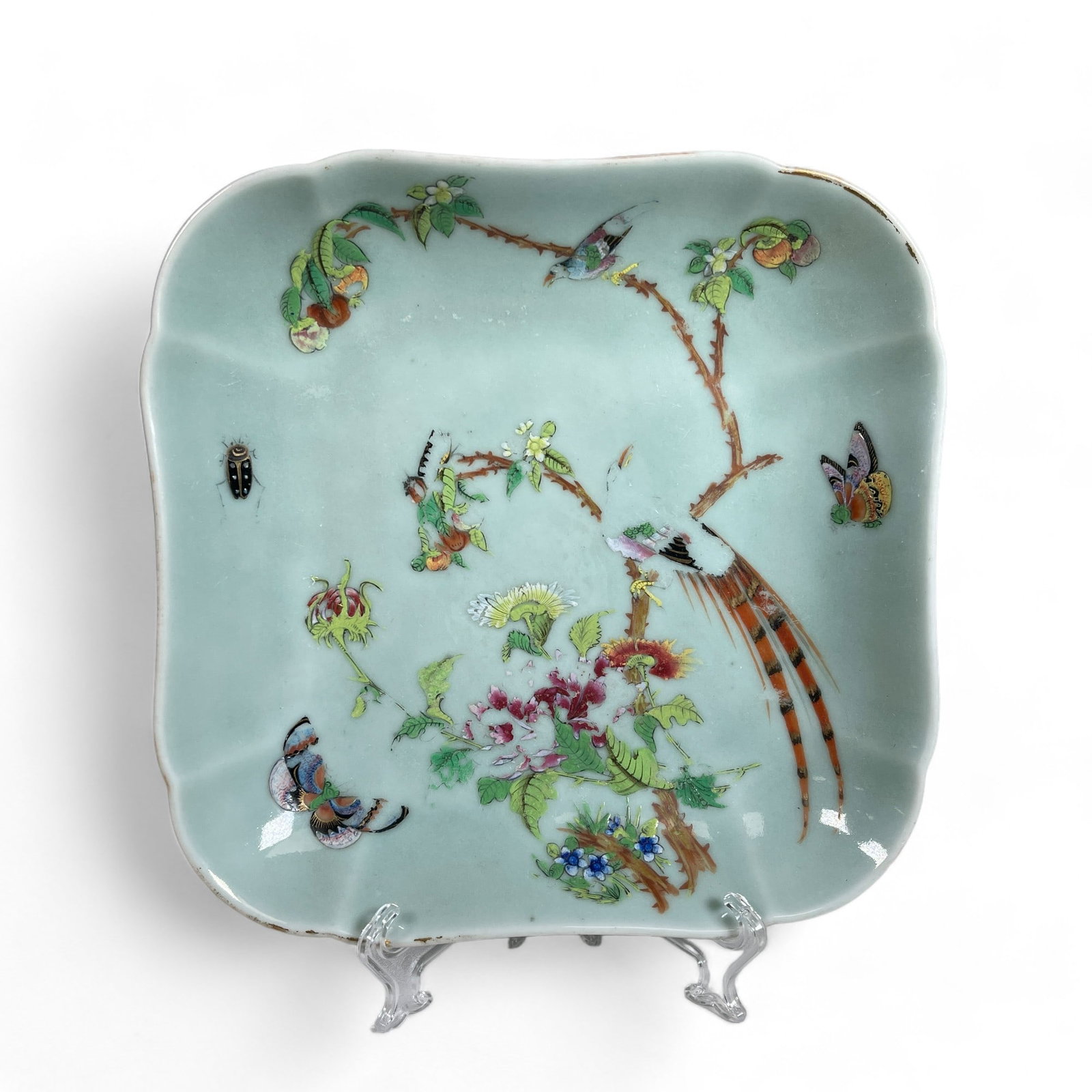 Chinese Celadon Porcelain Serving Tray with Insects and Birds: Measures 9 1/8" wide, 1 3/4" tall.