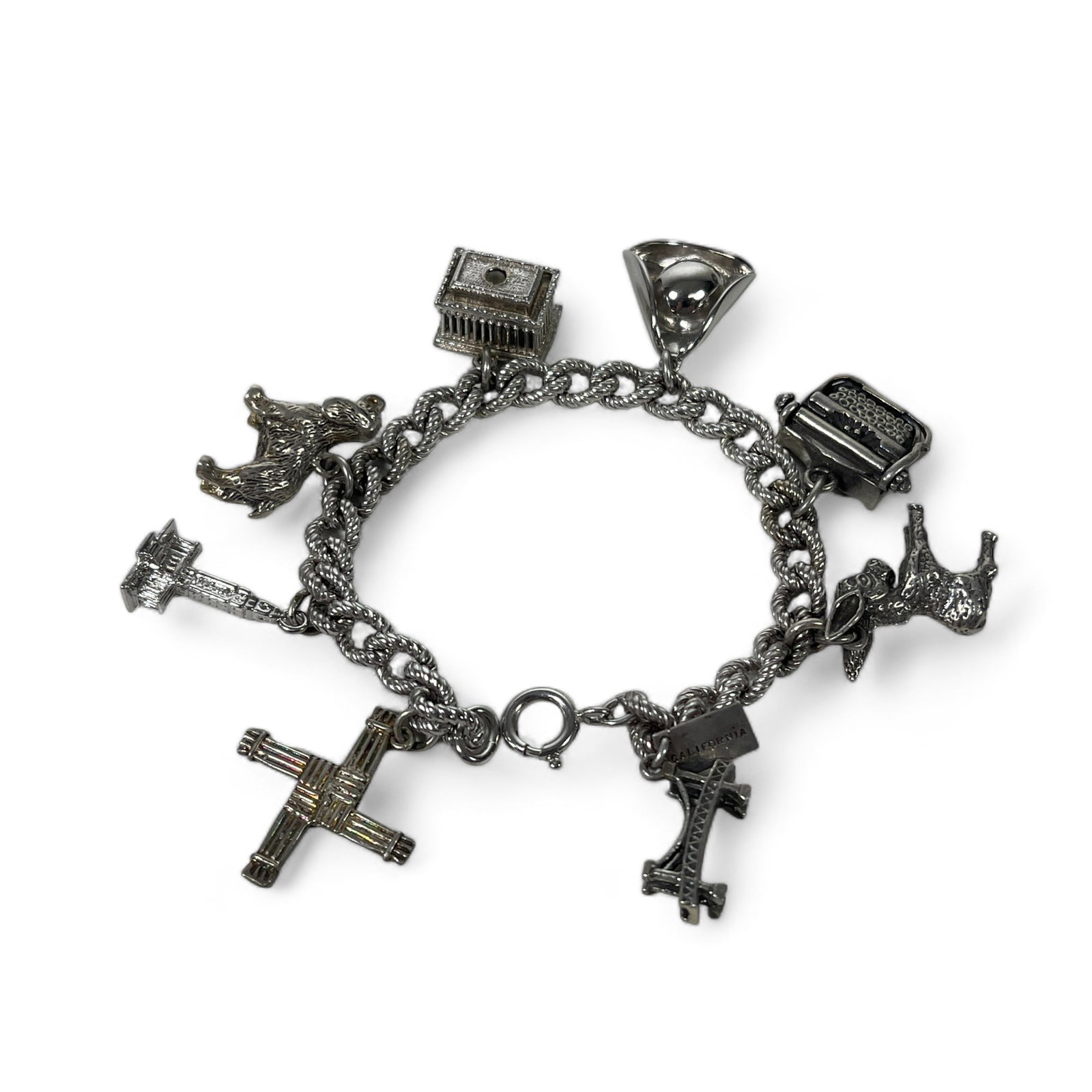 Vintage London Sterling Silver Charm Bracelet: Measures 7 1/4" long, weighs 50 grams.