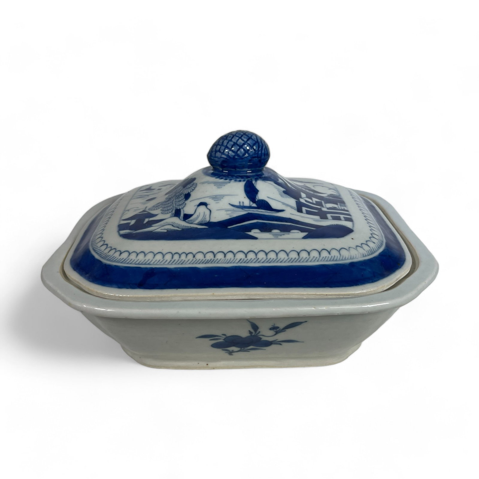 19th Century Canton Porcelain Serving Bowl with Lid: Measures 10 1/4" wide, 9" deep, 6" tall.