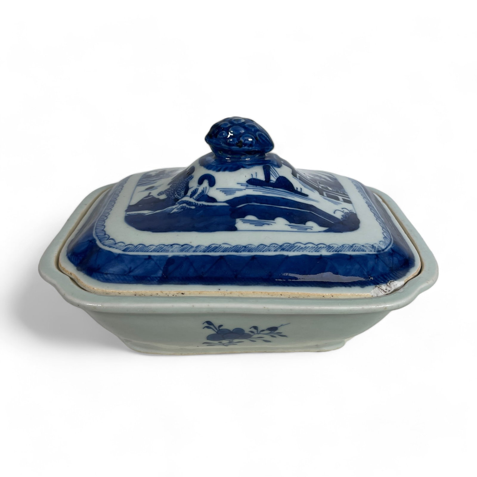 19th Century Canton Porcelain Serving Bowl with Lid: Measures 9 3/8" wide, 7 7/8" deep, 5 1/2" tall. Damaged.
