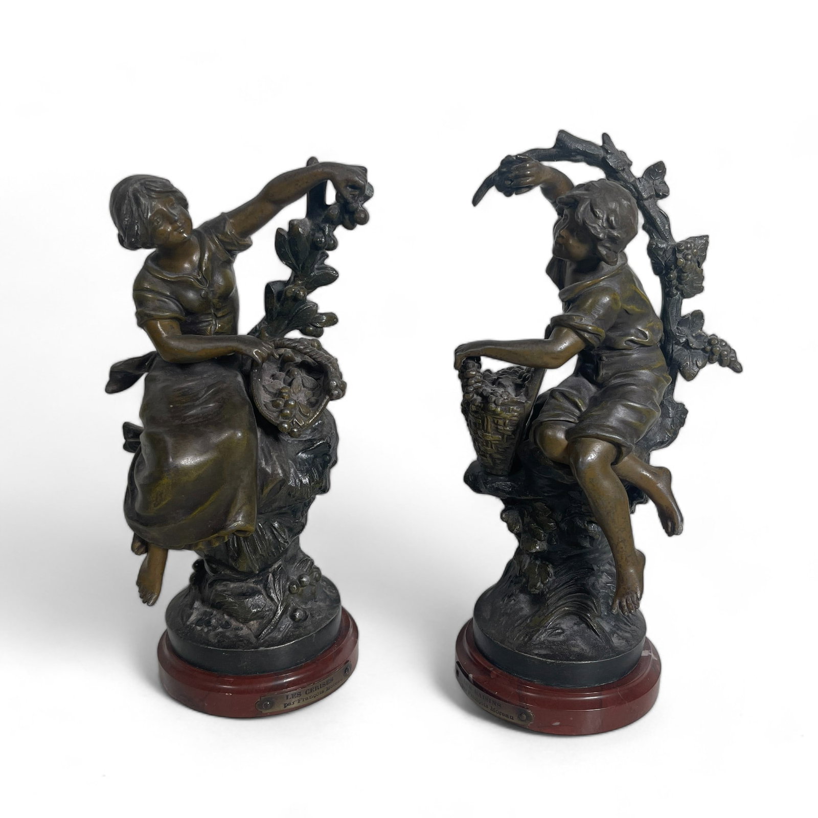 Pair of Antique French Patinated Brozne Sculptures: Measures 5" wide, 4" deep, 10.25" tall. Both sculptures with loss to the tip of the last branch