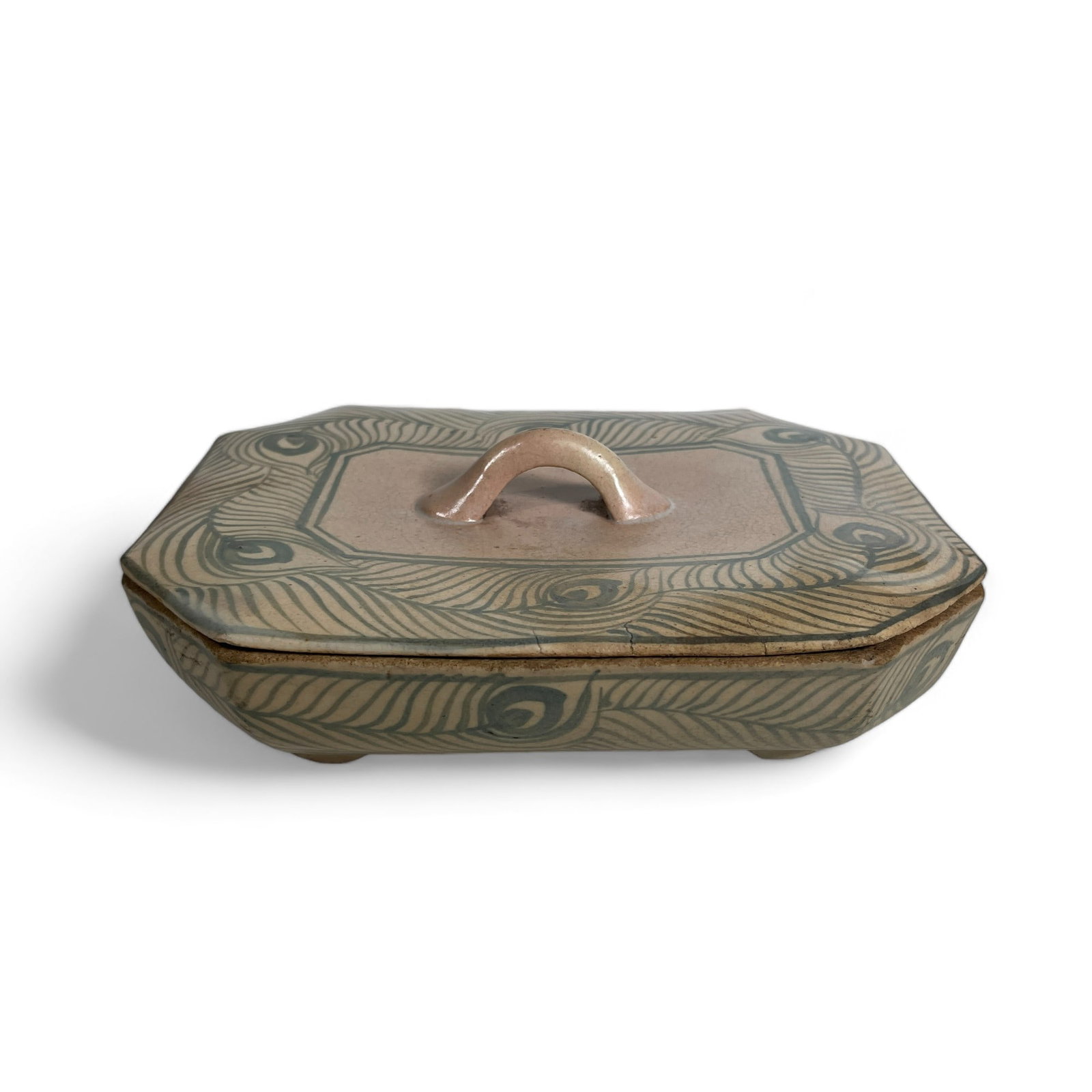 Japanese Crackle Pottery Covered Dish Pulled Feather Design (1 of 6)