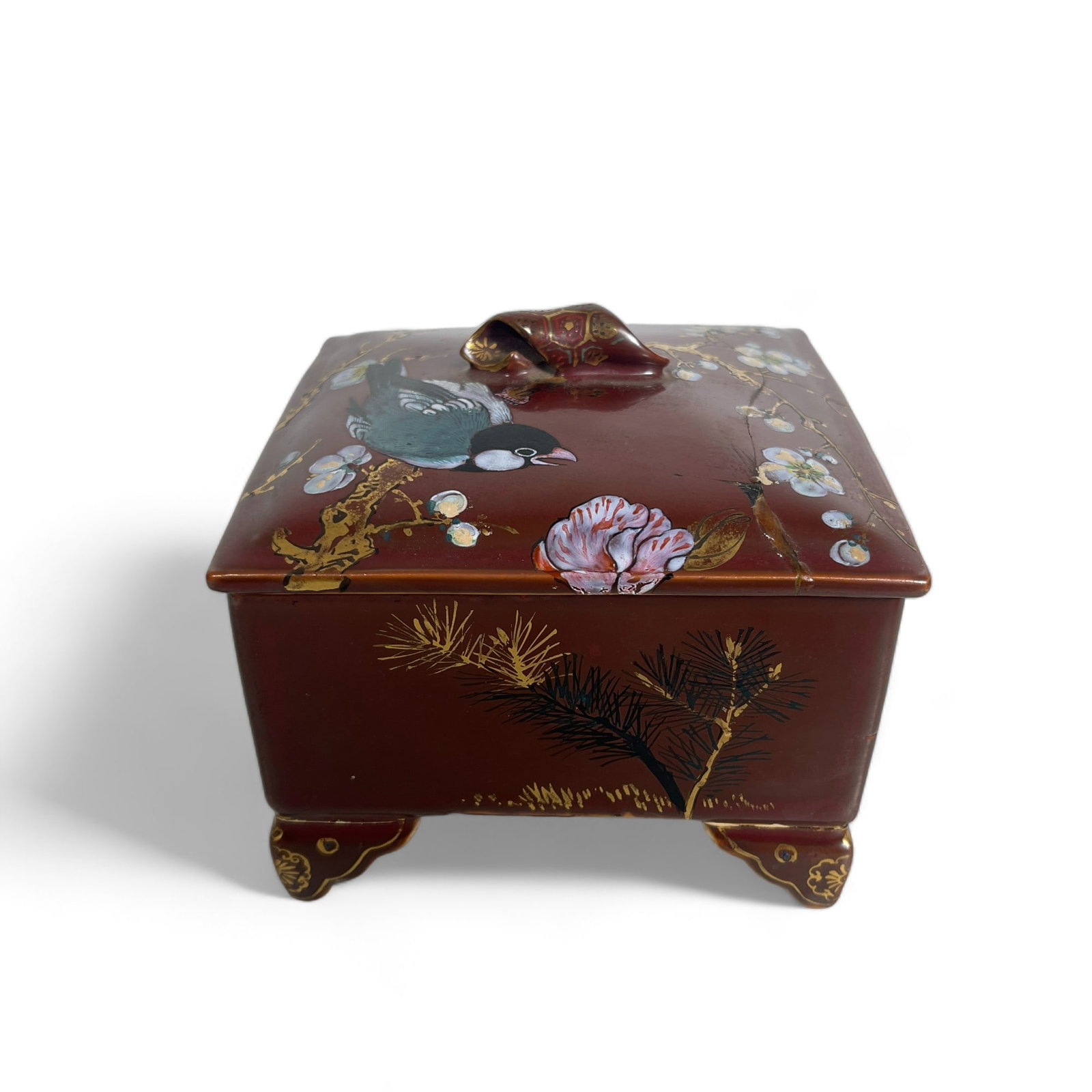 4 Character Marked Asian Porcelain Box: Measures 4.75" wide, 4.75" deep, 4.25" tall.