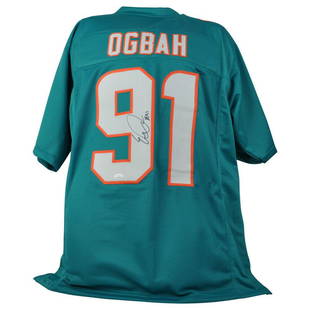 NFL Miami Dolphins Emmanuel Ogbah #91 Jersey Replica XLarge Signed Teal JSA Card: Signed by Emmanuel OgbahEmmanuel Ogbah autographed jersey features stitched player number on jersey front; stitched player last name and number on jersey back. Stitched player number on the