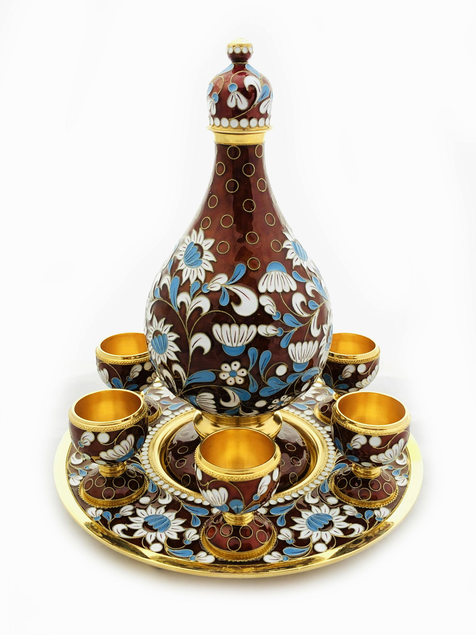 Russian silver & enamel liqour set, blue and white floral motifs colors on brown backround 8 pieces (1 of 6)