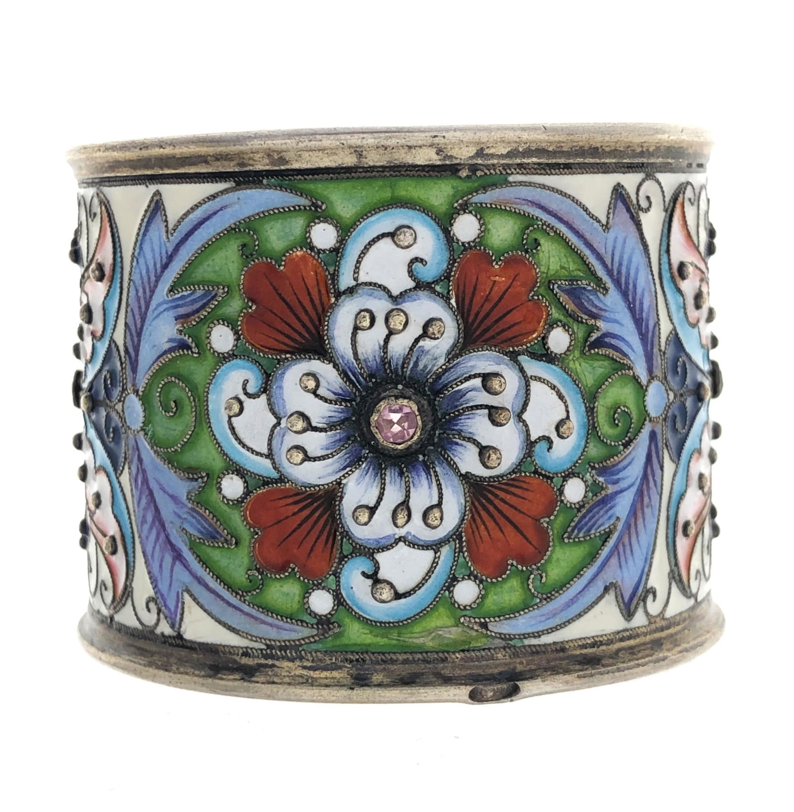 Stunning Russian silver napkins ring signed Ñ„.Ñ€ 875 and enamel in a colorful floral style with (1 of 5)