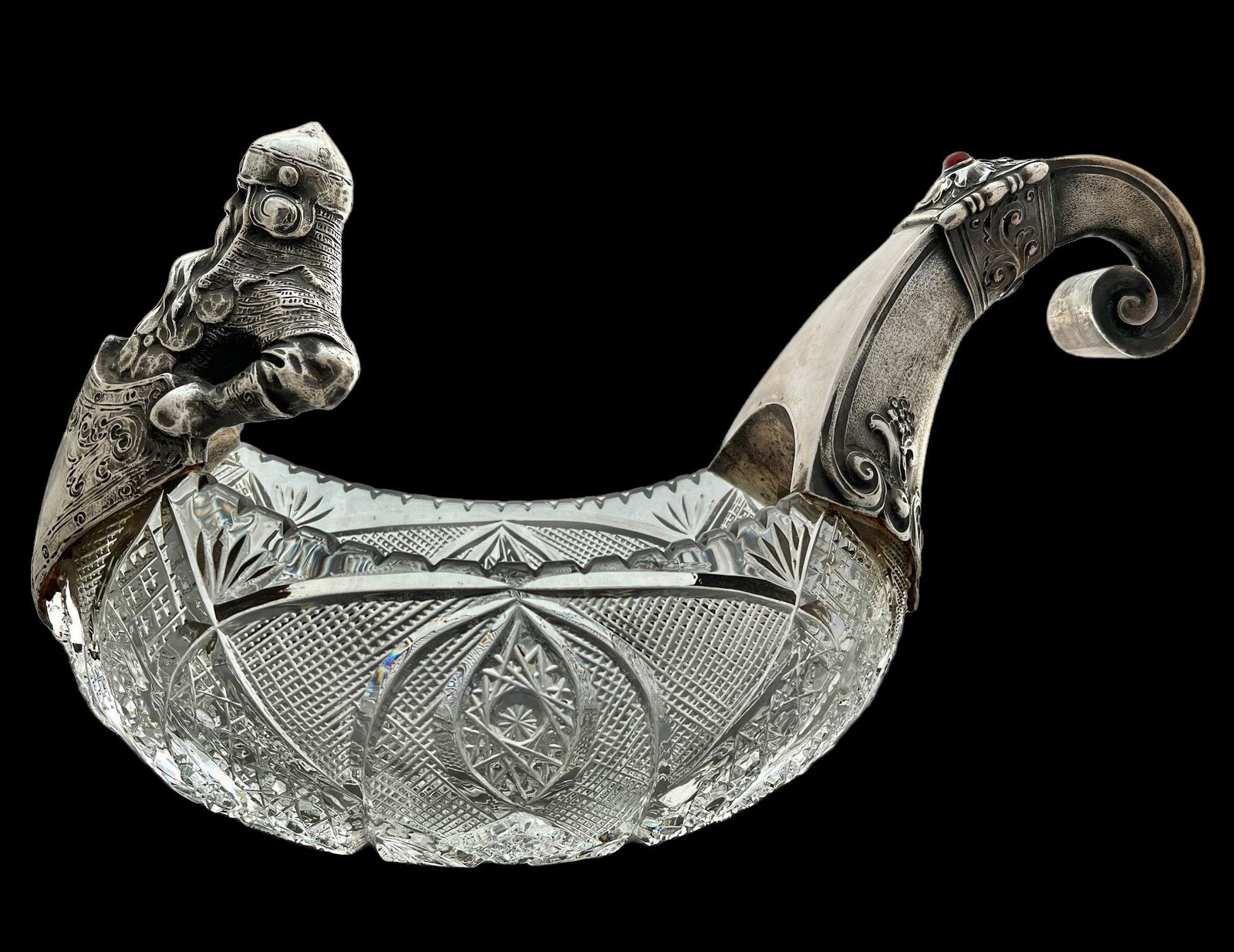 A large Russian 84 silver mounted cut glass kovsh, signed Grachev, 20th century, in very good: A large Russian 84 silver mounted cut glass kovsh, signed Grachev, 20th century, in very good condition including the original crystal which is without cracs, the very old glue connecting the silver a