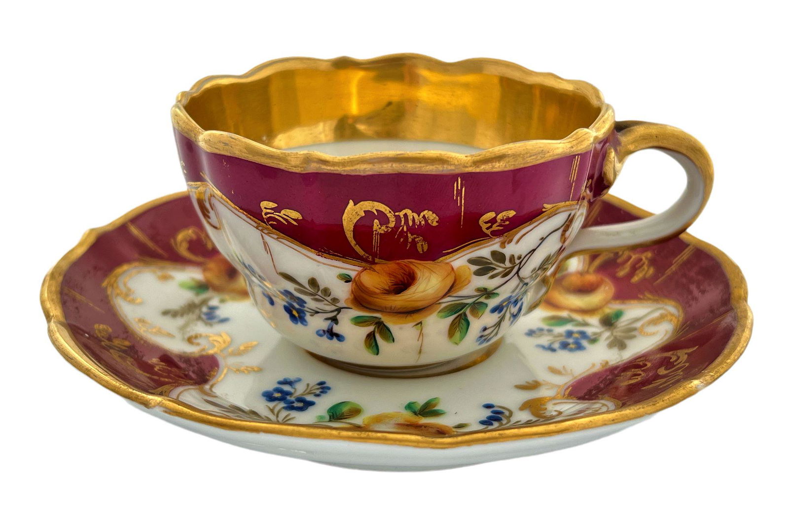 Kornilov porcelain cup and plate set, gilded and in good condition relative to the age of the item, (1 of 5)