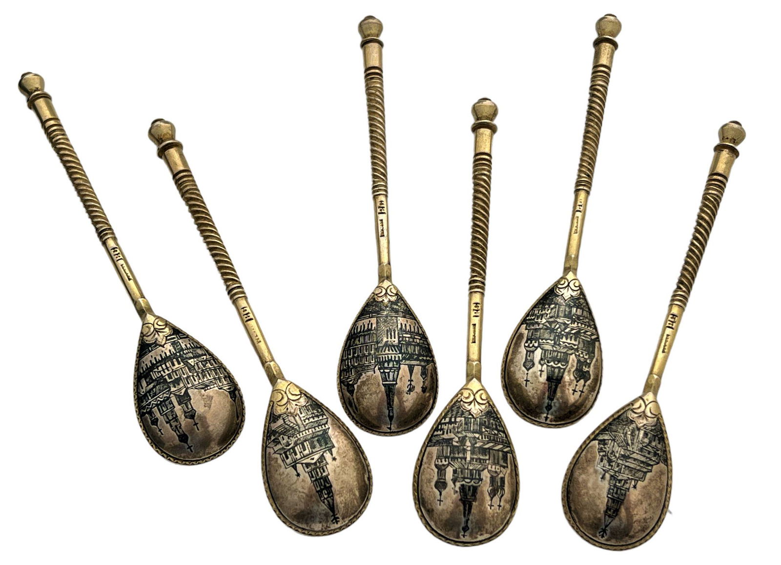 Set of 6 84 Russian silver spoons with nielo coating on the back of the spoons, gilded and signed, (1 of 4)