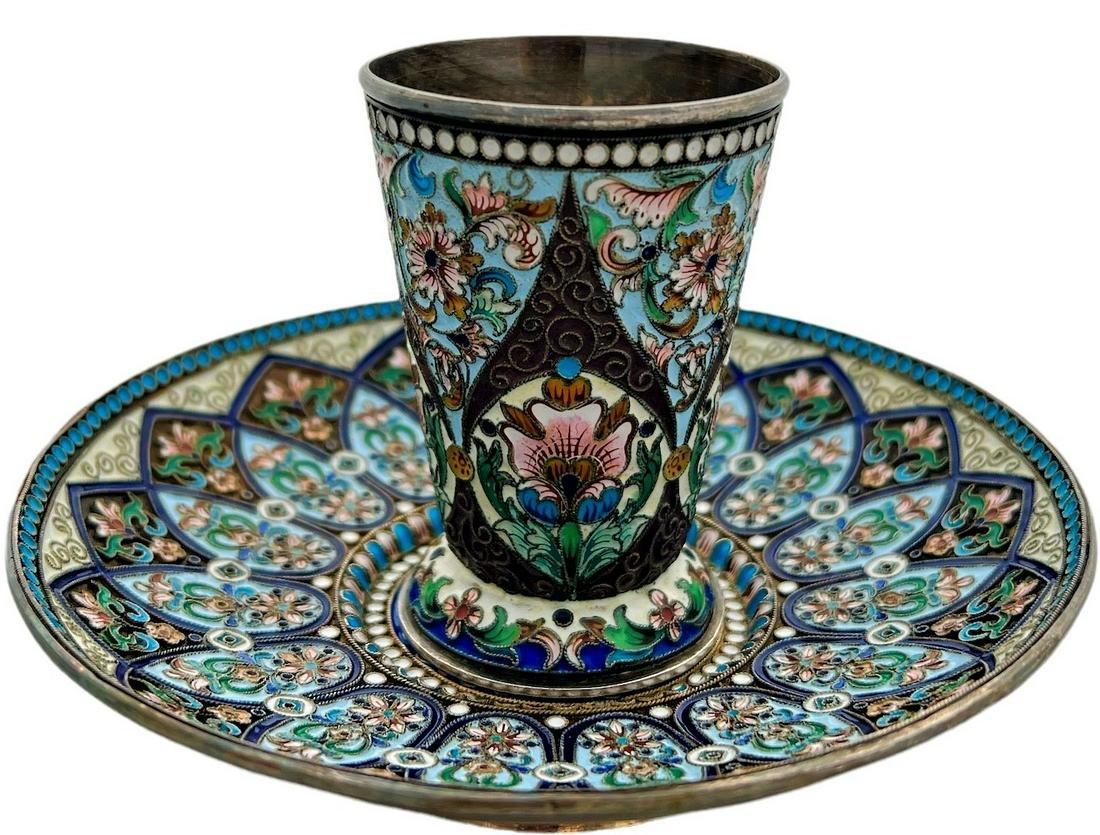 84 Russian silver cup and plate set with colored enamel with floral motifs, signed 84, in very good (1 of 9)