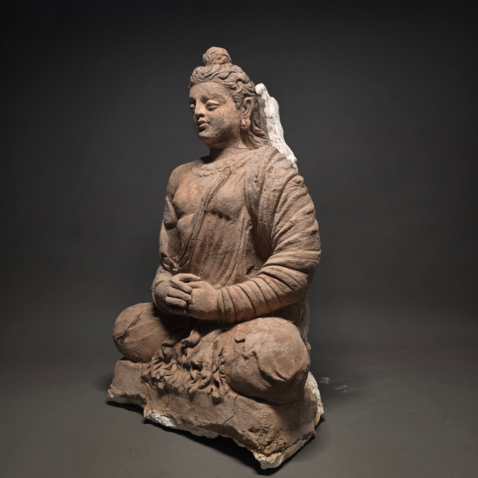 Gandharan Terracotta Painted Seated Buddha Relief Afghanistan, circa 3rd–5th century A.D.: Gandharan sun-dried mud Painted Seated Buddha Relief Afghanistan, circa 3rd–5th century A.D.Size: 46CM HBecause of it beibg fragile, The back is applied with plasted to make it safe and to avoid dam