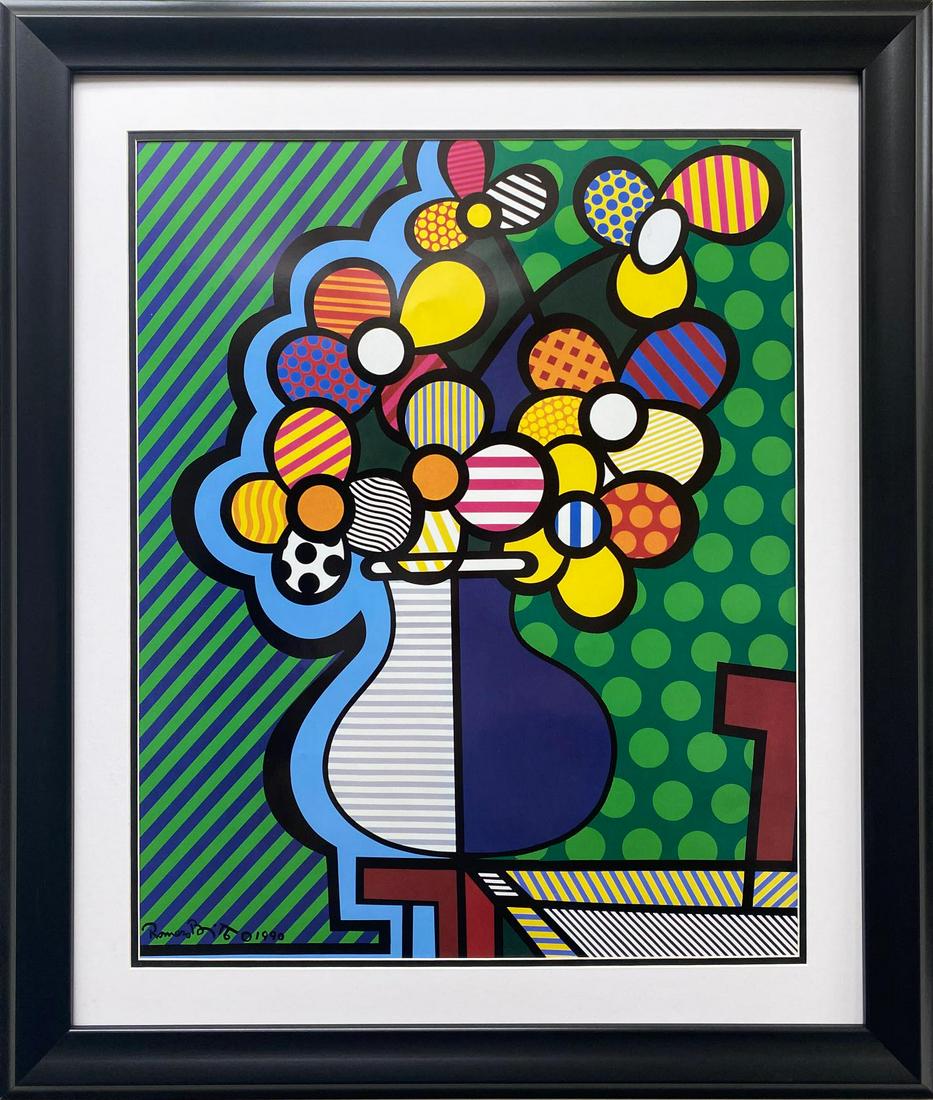 ROMERO BRITTO "FLOWERS": PLATE SIGNED LITHOGRAPH. CUSTOM FRAMED IN BLACK AND DOUBLE MATTED IN BLACK AND WHITE. Great Floral, still life, pop art for that special person in your life! Romero Britto Brazilian Artist; Britto's w