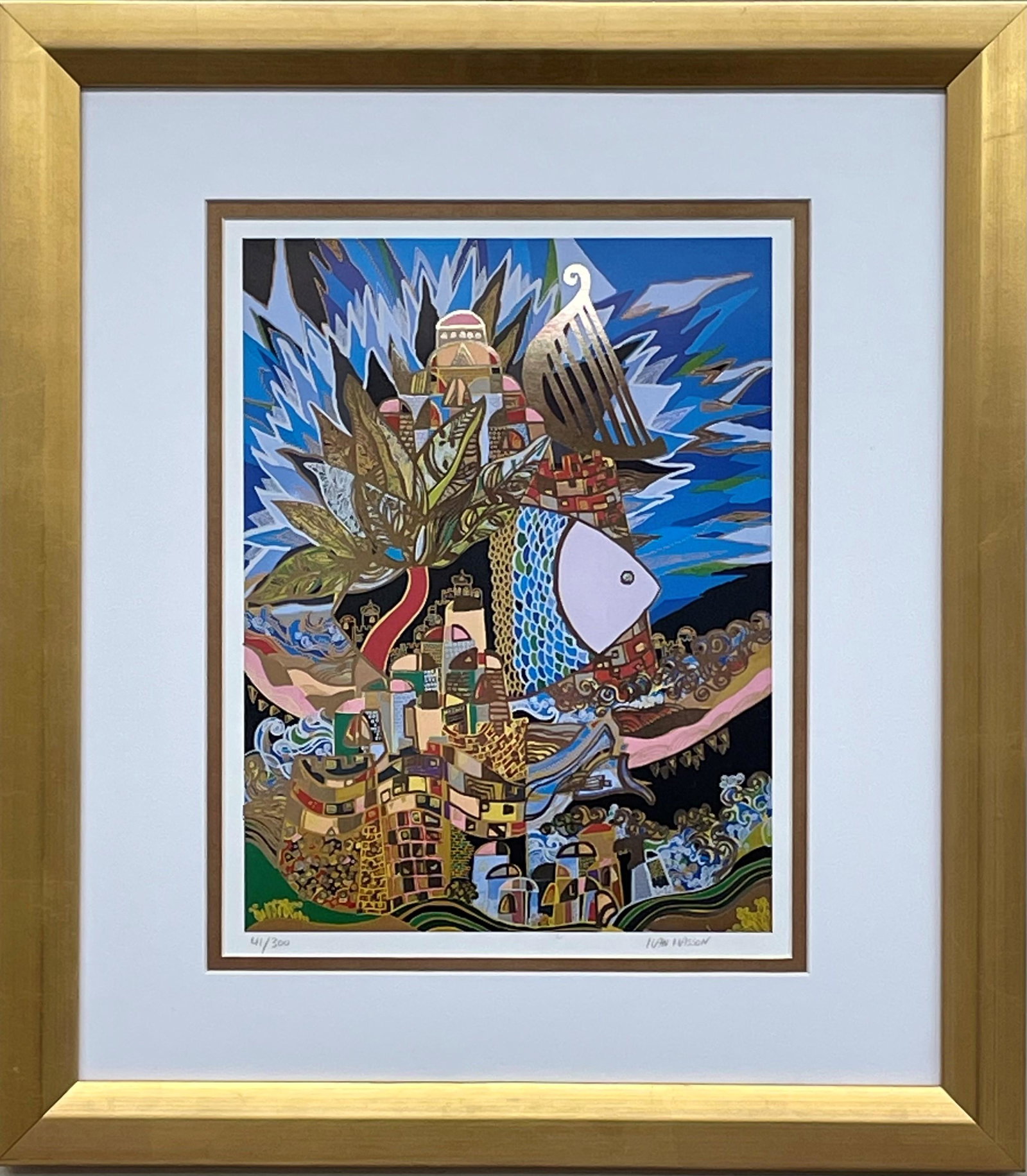 ILAN HASSON "DAVID'S HARP" Hand Signed!: HAND SIGNED LIMITED EDITION LITHOGRAPH. CUSTOM FRAMED IN A SIMPLLE GOLD FRAME AND DOUBLE MATTED. Ilan Hasson was born on a Moshav in central Israel. He began his artistic career at the age of sixteen,