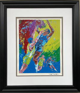 TED TANABE "ONE ON ONE": Custom Framed Vintage Serigraph (Silkscreen). Framed in black and double matted. Plate signed. Basketball image. School of LeRoy Neiman- impressionist sports art. Artist also known as Takao Tanabe.