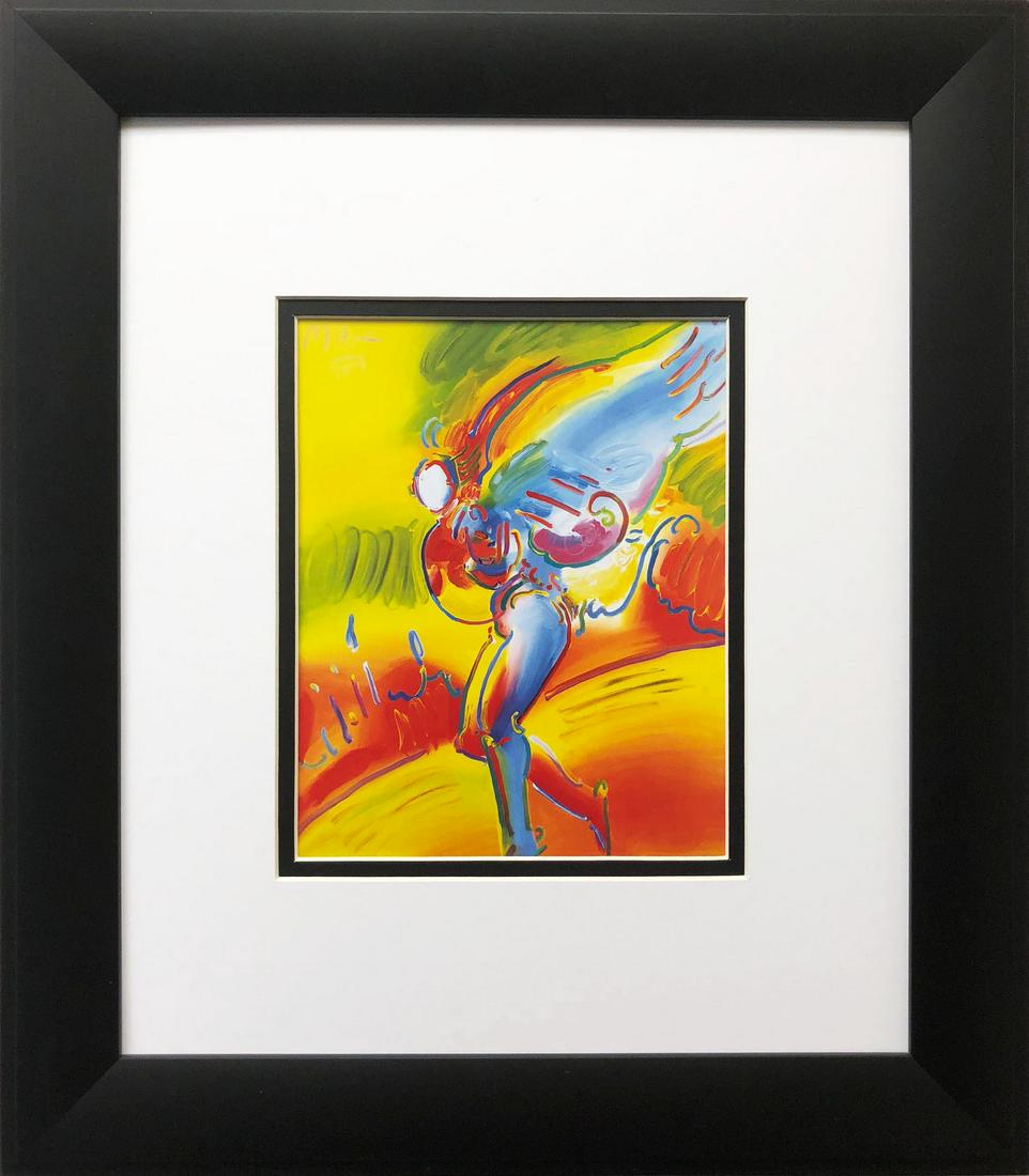 PETER MAX "ANGEL ON SUN": CUSTOM FRAMED ART PRINT. FRAMED IN BLACK AND DOUBLE MATTED. Probably the most famous of all living artist's, Peter Max is also a pop culture icon. His bold colors, uplifting images and an uncommon art