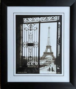 SALLY GALL "EIFFEL TOWER FROM THE TRACADERO"- VIEW OF PARIS 1925: CUSTOM FRAMED IN BLACK AND MATTED WITH A BLACK CORE V-GROOVE MAT. OFFSET LITHOGRAPH OF AN ARCHITECTURAL THEMED PHOTOGRAPH. A COZY REMINDER OF A DREAM DESTINATION- Art is the best way of seeing the wor