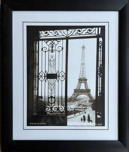 SALLY GALL "EIFFEL TOWER FROM THE TRACADERO"- VIEW OF PARIS 1925: CUSTOM FRAMED IN BLACK AND MATTED WITH A BLACK CORE V-GROOVE MAT. OFFSET LITHOGRAPH OF AN ARCHITECTURAL THEMED PHOTOGRAPH. A COZY REMINDER OF A DREAM DESTINATION- Art is the best way of seeing the