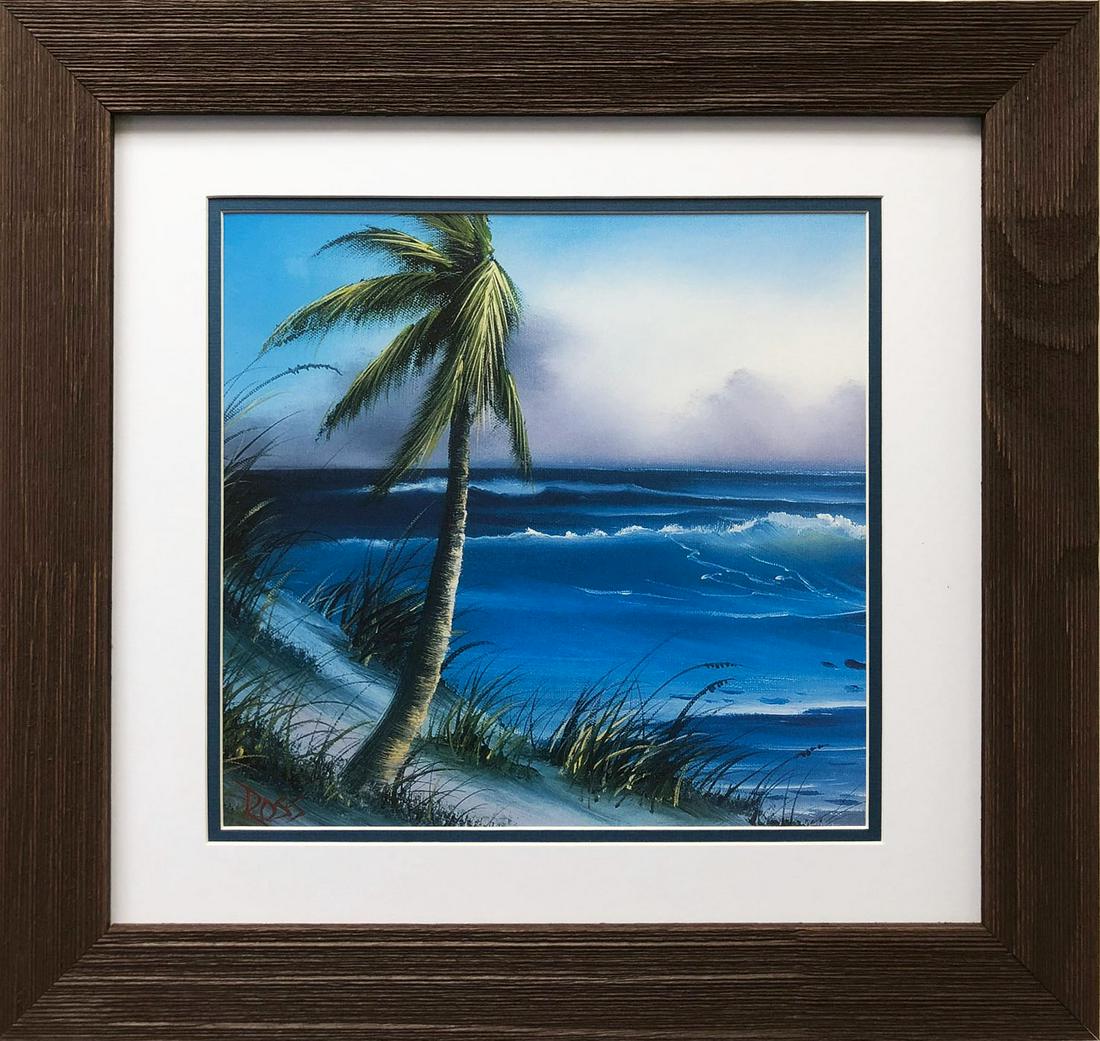 BOB ROSS "WAVES IN TROPICS": CUSTOM FRAMED OFFSET LITHOGRAPHIC PRINT. FRAMED IN A RUSTIC BROWN WOOD FRAME. DOUBLE MATTED IN WHITE AND PISTACHIO GREEN. Robert Norman Ross was an American painter, art instructor and television host