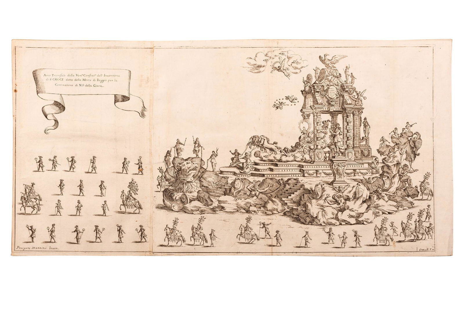 Arco Trionfale della Ven.e Confrat.a dell'Inventione di S. Croce detta della Morte: Giuseppe Maria Mitelli (Bologna, 1634 - Bologna, 1718) - Arco Trionfale della Ven.e Confrat.adell'Inventione di S. Croce detta della Morte, in basso a sinistra "Prospero Montani inven." a destra "G. M