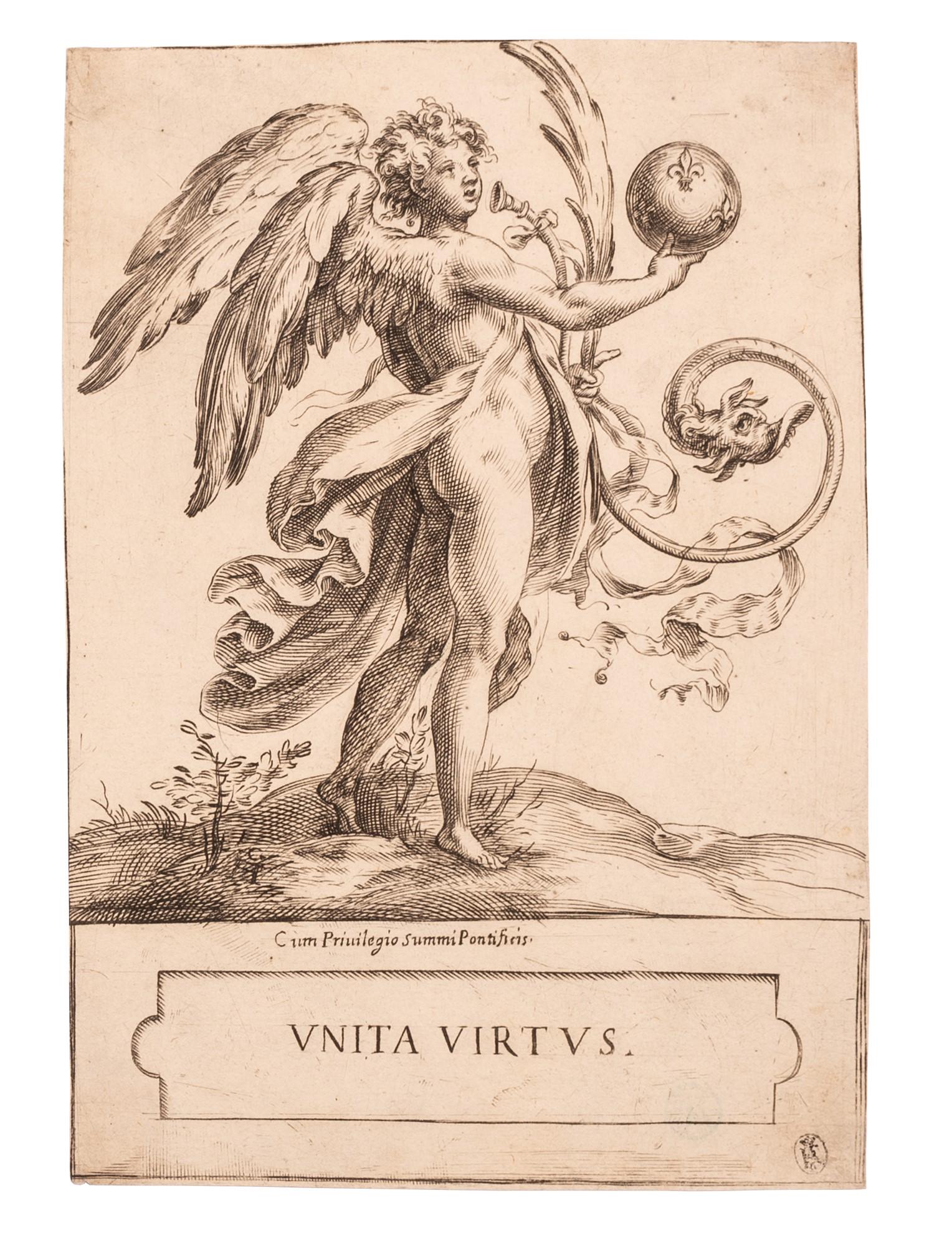 Angelo con globo dei Medici: Cherubino Alberti (Sansepolcro, 1553 - Roma, 1615) - Angelo co globo dei Medici, iscrizione â€œVNITA VIRTVS”, /CumPrivilegio summi Pontificis/.Condizioni: Bella prova su carta vergellata con