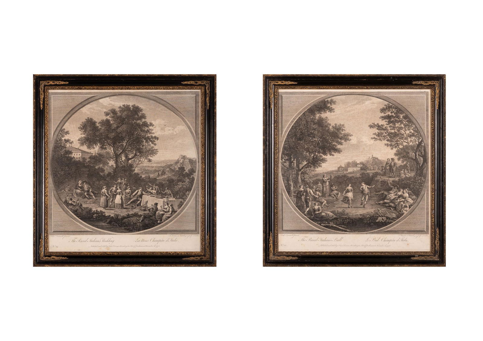 Coppia di incisioni - The rural Italian's Wedding e The Rural Italian's Ball: Francesco Bartolozzi (1727 - ) - Incisioni realizzate da Bartolozzi ( rif. in basso a destra) su disegno di Zuccarelli (rif. in basso a sinistra). Numeri 34 e 35