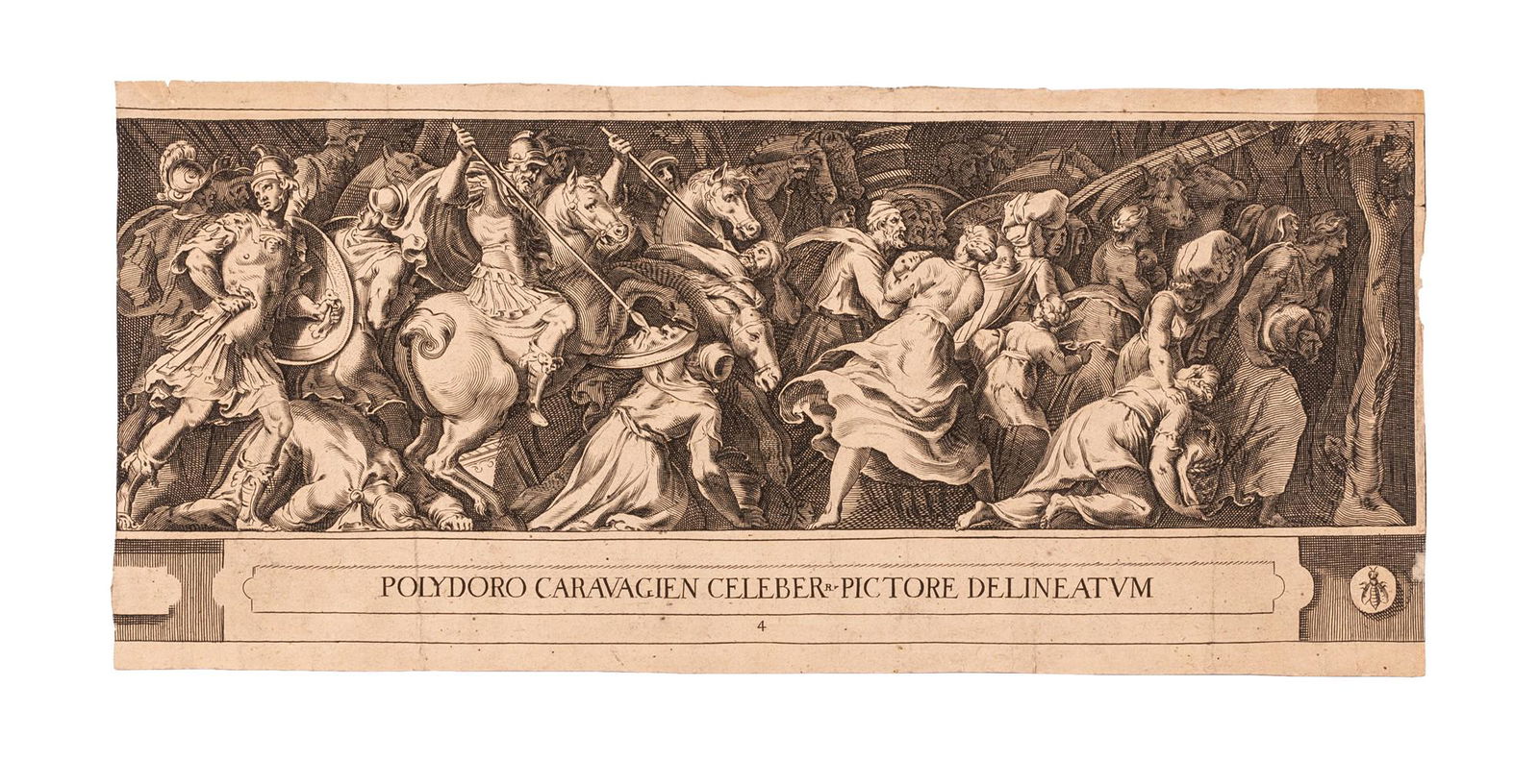 CINQUE FOGLI DI ANONIMO DOPO CHERUBINO ALBERTI, FREGI ROMANI, DOPO POLIDORO DA CARAVAGGIO - RATTO: - Tratti dagli affreschi di Polidoro da Caravaggio sullafacciata di Palazzo Ricci a Roma, e un fregio di Palazzo Barberini, Iscrizione:"Sabinarum raptum a Polydoro Caravagien celeber picture delineatu