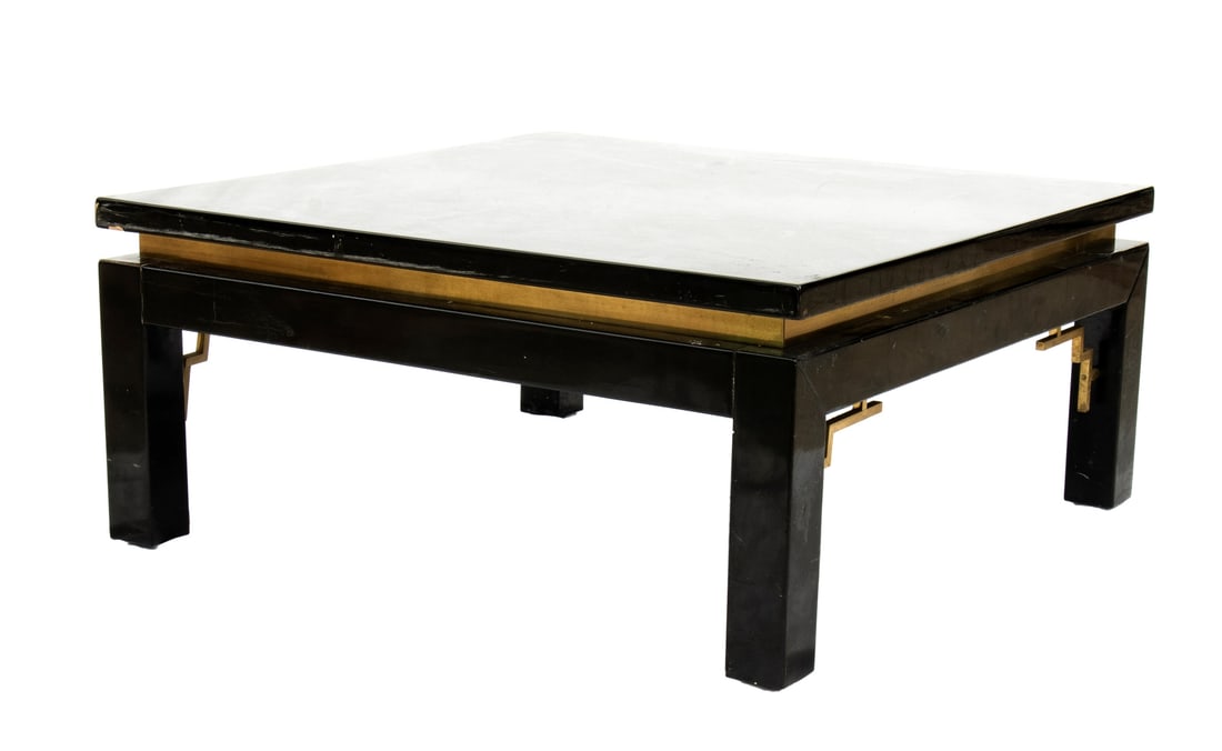Pair of tables in black lacquered wood with brass inserts (1 of 3)