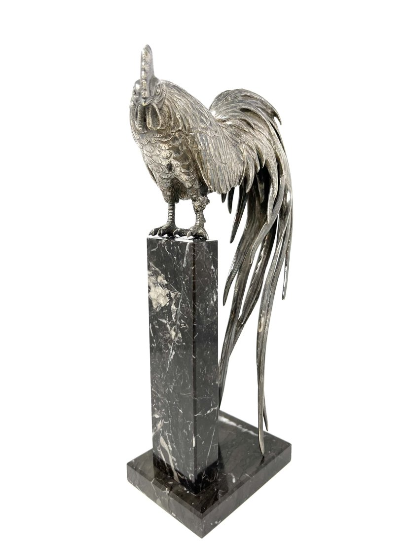 Antique Japanese silvered bronze rooster on marble base. Signed (1 of 15)