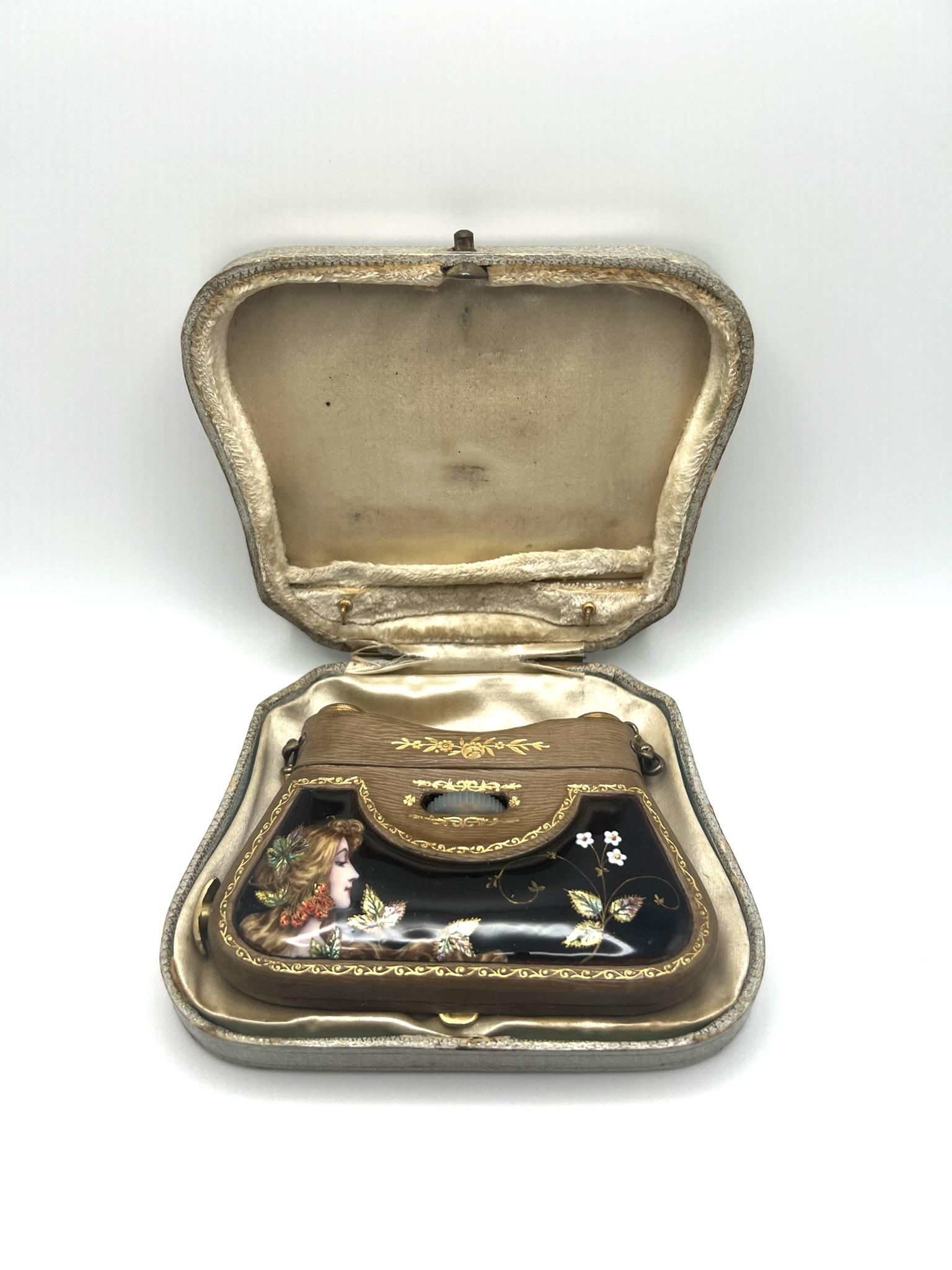 Rare and outstanding Art Nouveau secret enamel, brass and leather opera glasses (1 of 20)