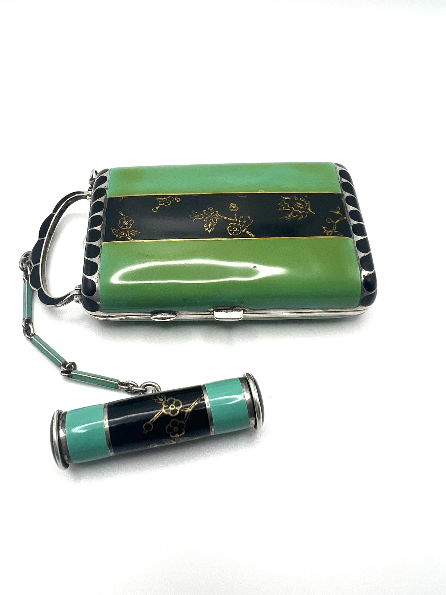 Art Deco sterling silver and enamel vanity case with  chinoiserie décor in the style of Cartier (1 of 20)